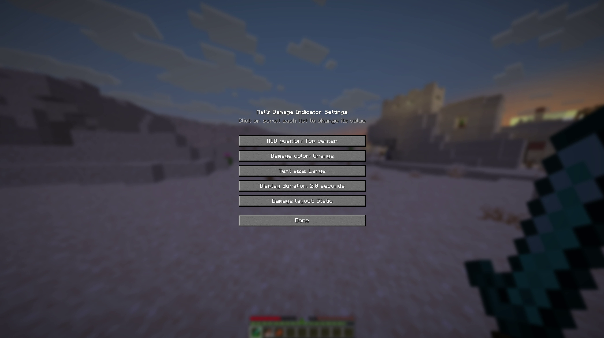 Damage Indicator settings menu